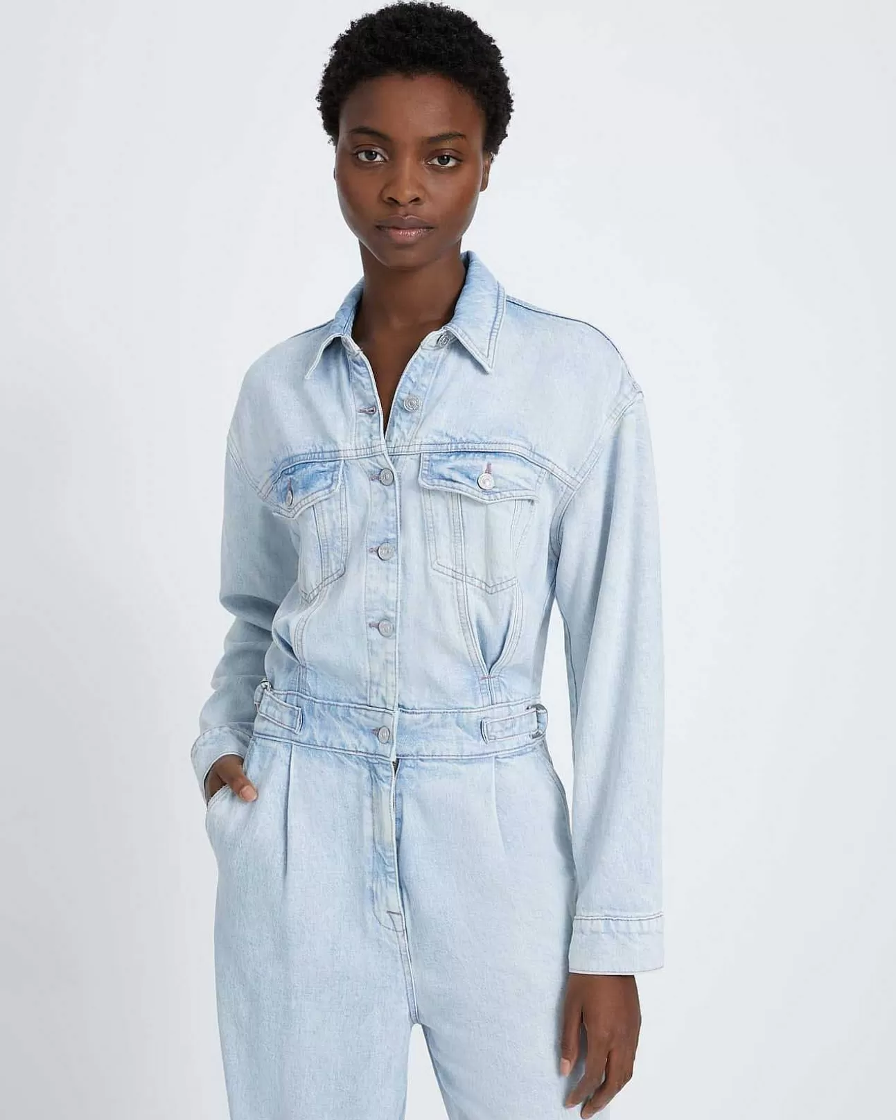 Jeans*Dames 7 For All Mankind Denim Glans Jumpsuit Met Ballonmouwen Isadora