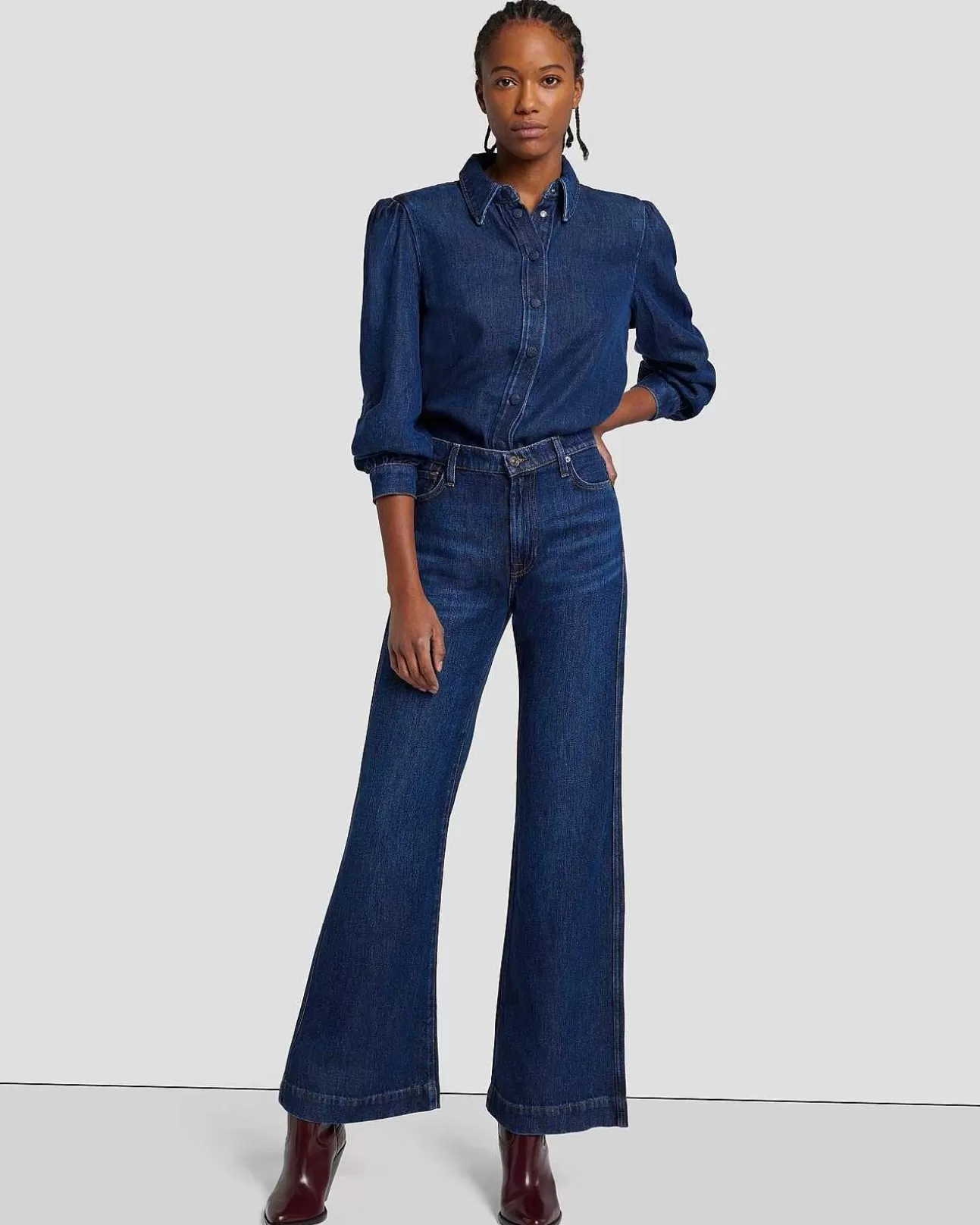 Jeans*Dames 7 For All Mankind Denim Glans Overhemd Met Pofmouwen Daglelie