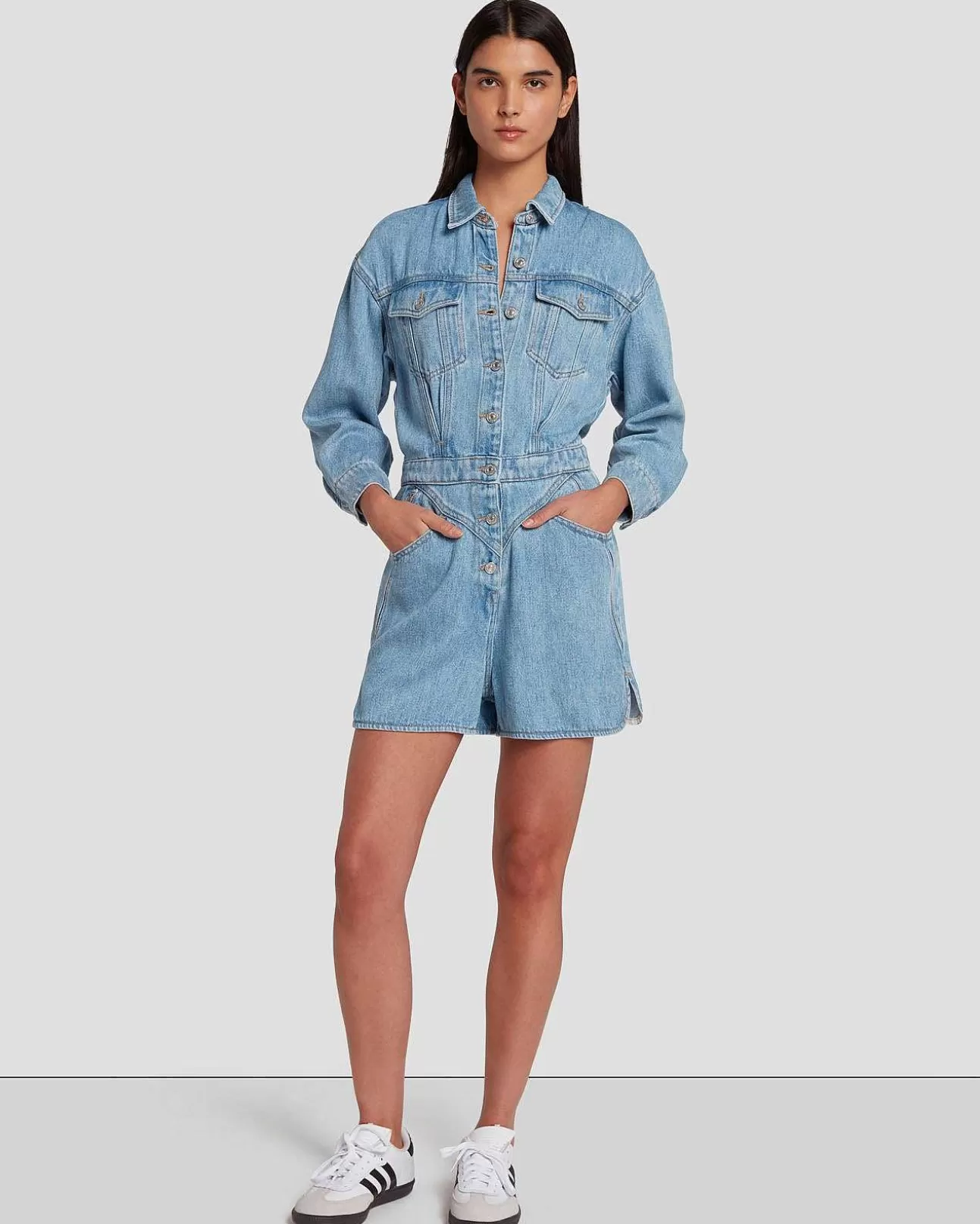 Jeans*Dames 7 For All Mankind Denim Glans Shortall In Vulkaan Blauw