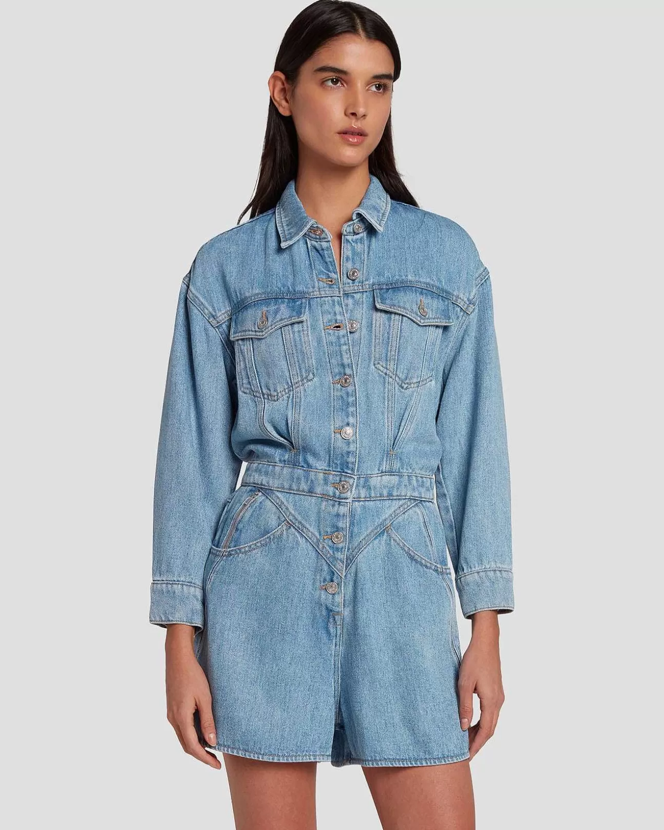 Jeans*Dames 7 For All Mankind Denim Glans Shortall In Vulkaan Blauw