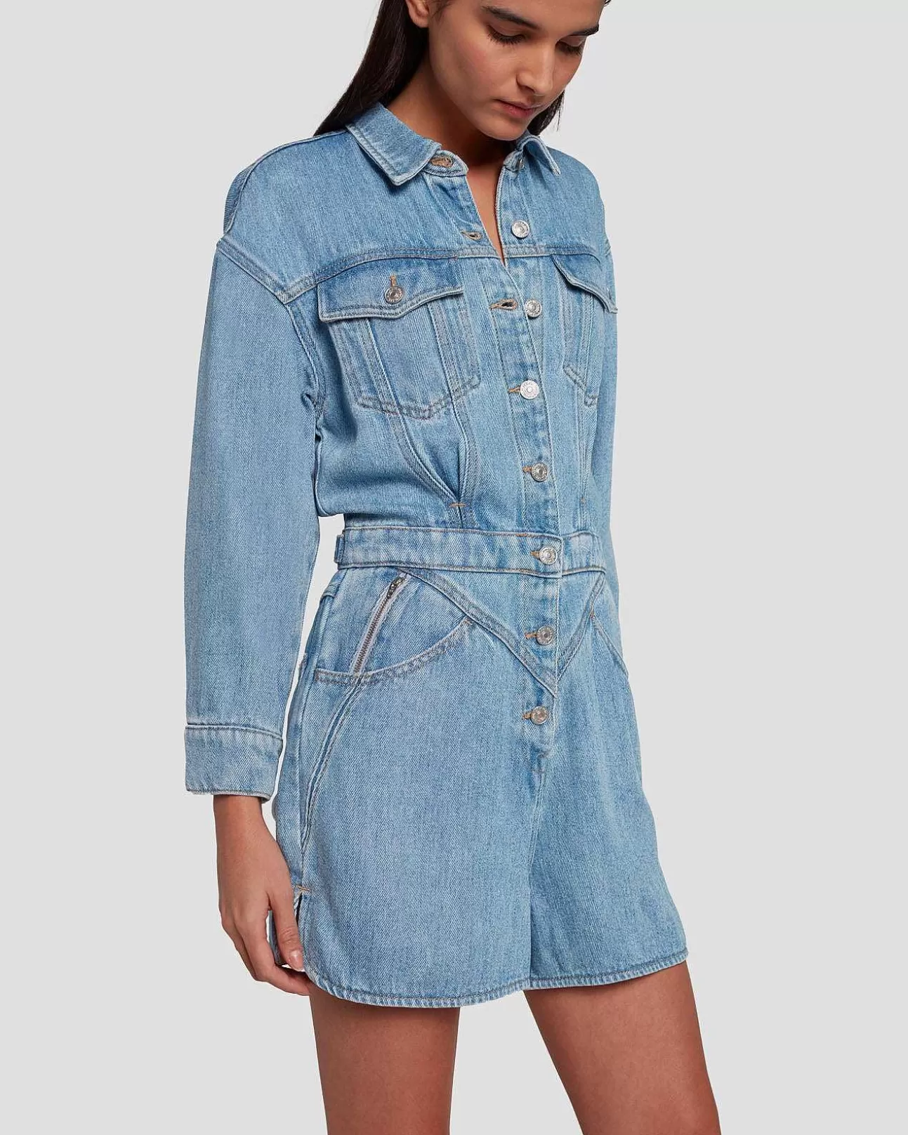 Jeans*Dames 7 For All Mankind Denim Glans Shortall In Vulkaan Blauw