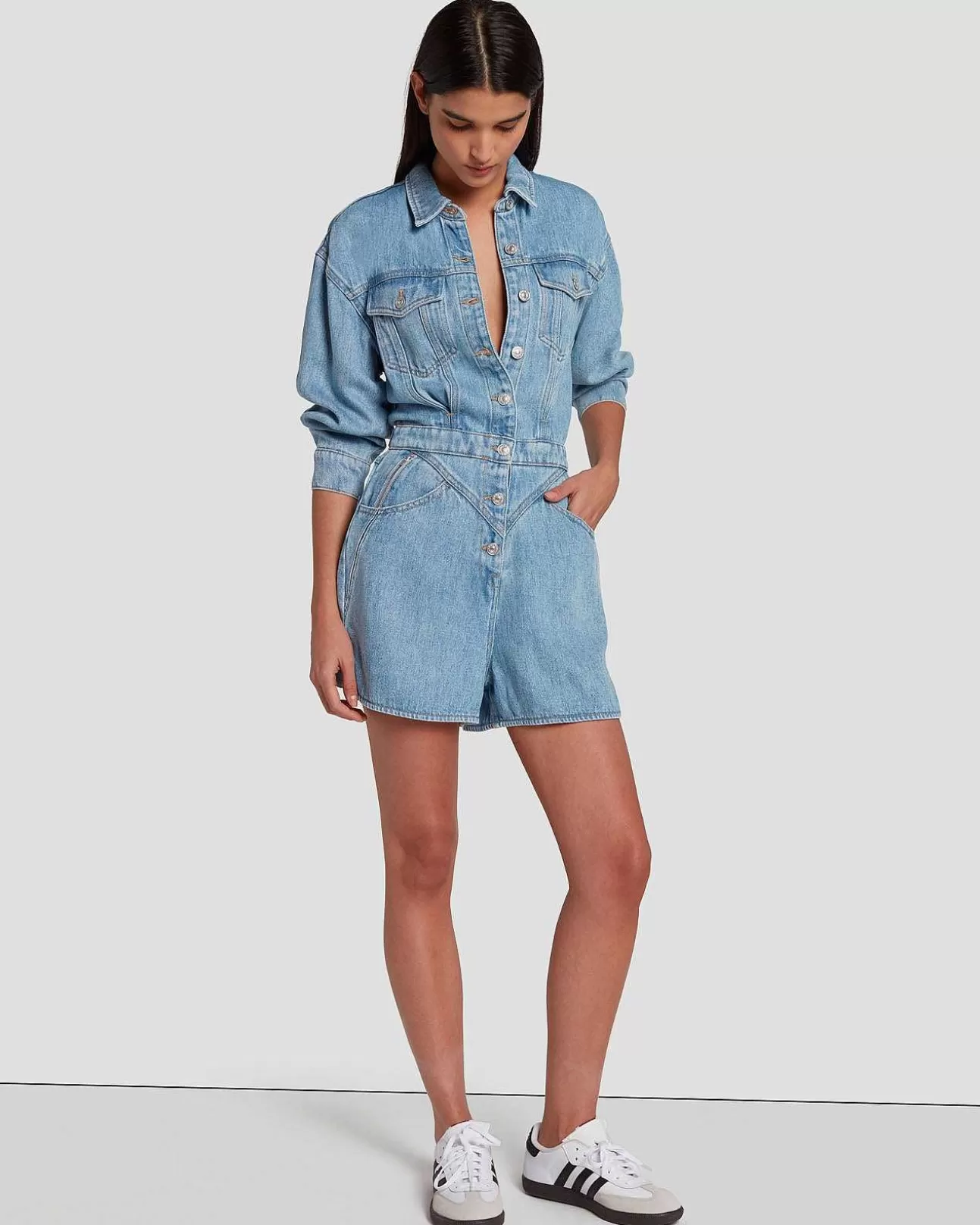 Jeans*Dames 7 For All Mankind Denim Glans Shortall In Vulkaan Blauw