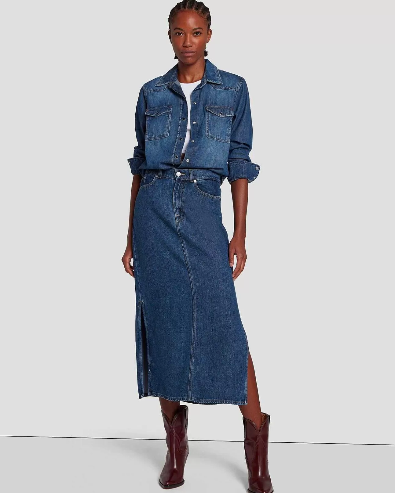 Jeans*Dames 7 For All Mankind Denim Midi-Rok In Blauwe Notitie