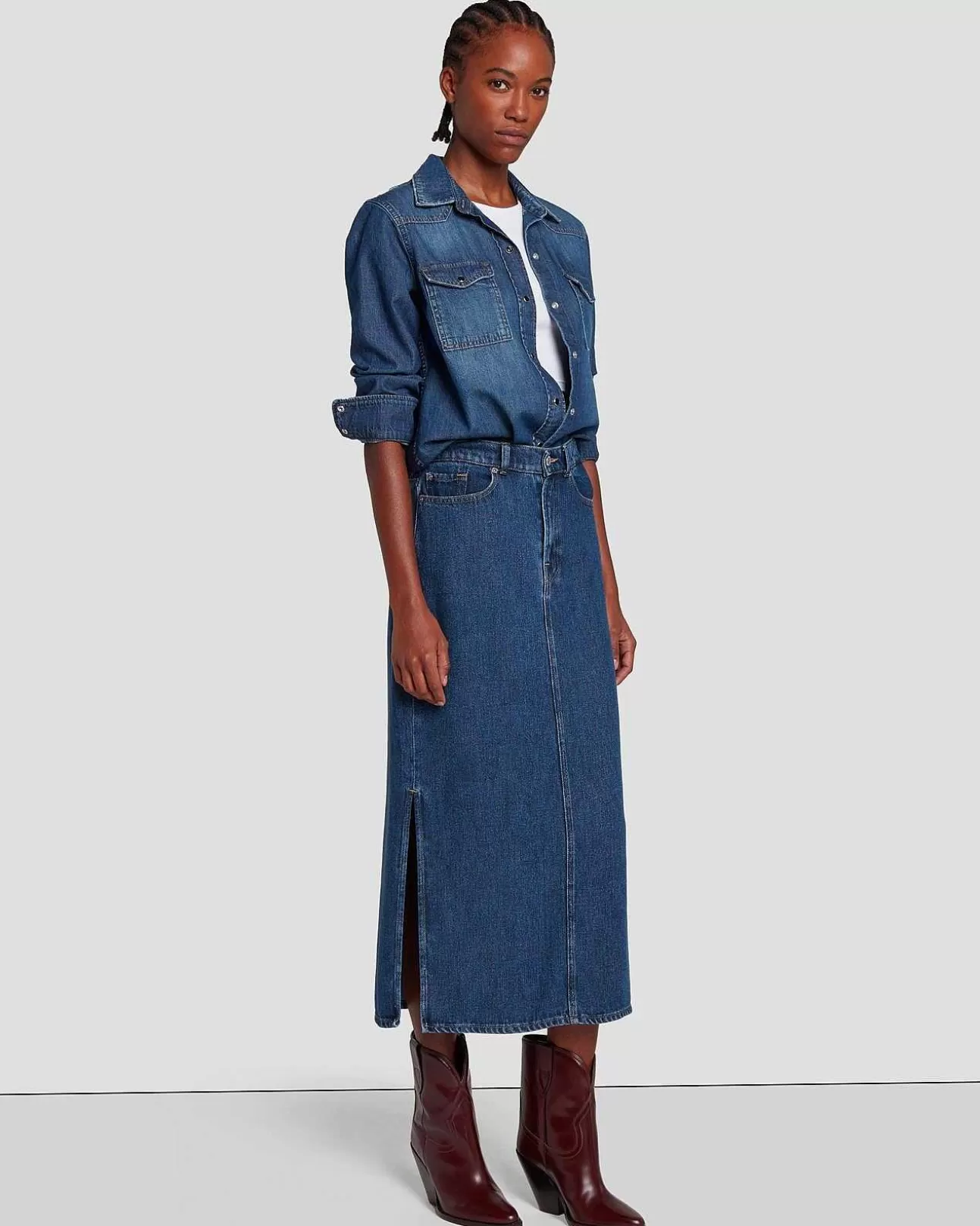 Jeans*Dames 7 For All Mankind Denim Midi-Rok In Ontdekkingsreiziger