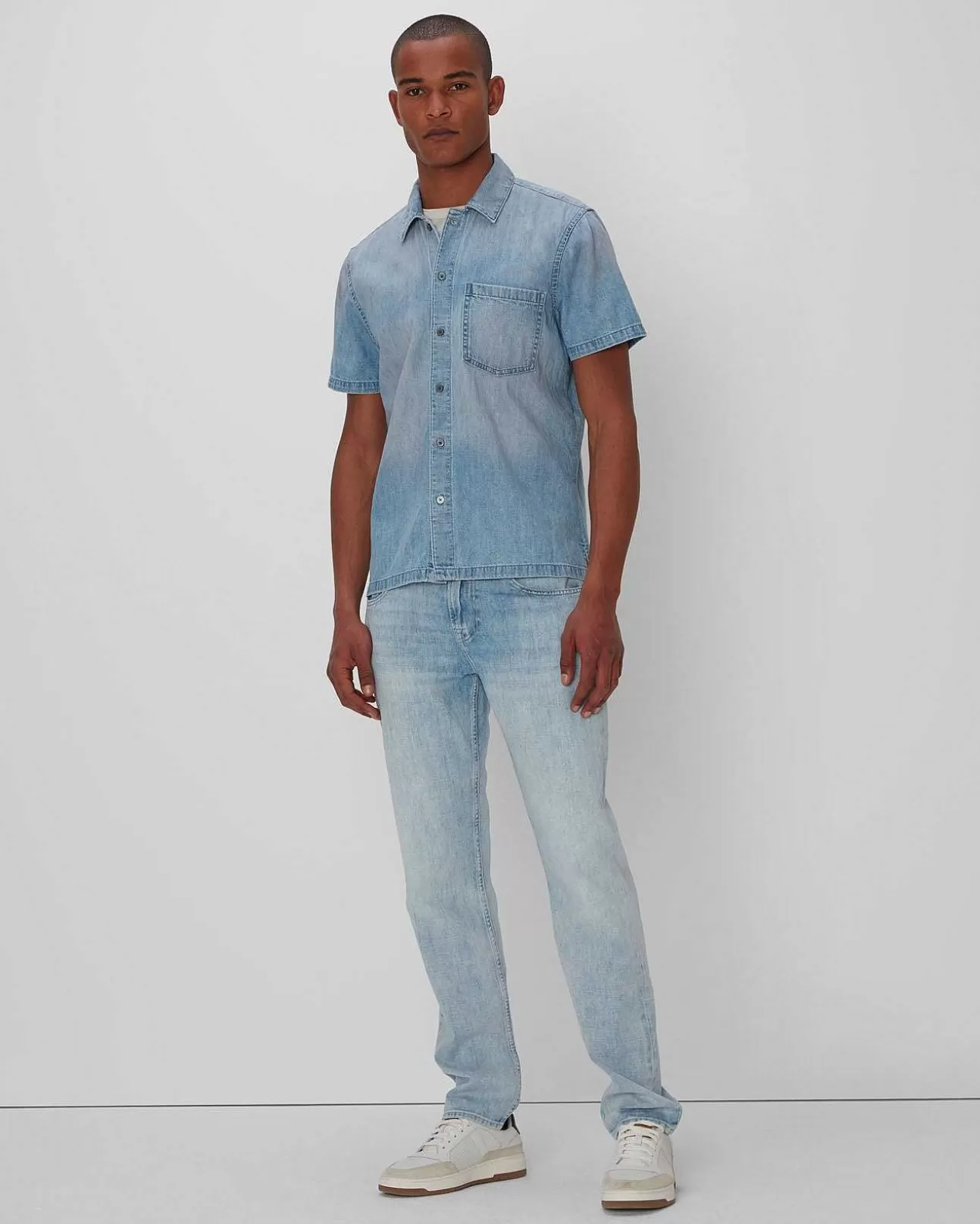 Jeans*Heren 7 For All Mankind Denim Overhemd Met Korte Mouwen En Kampkraag Middelpijnbomen