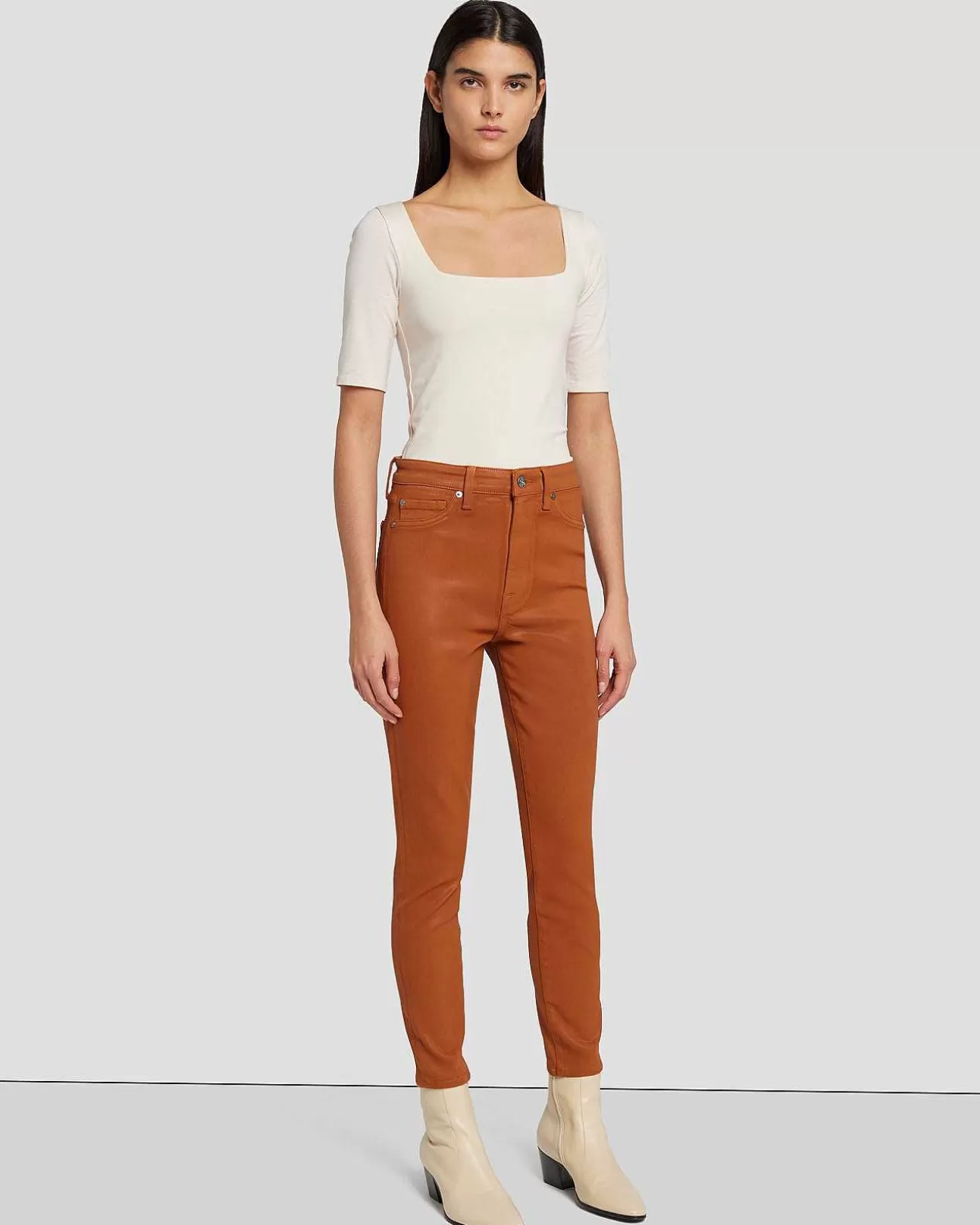 Jeans*Dames 7 For All Mankind Enkel Skinny Met Hoge Taille En Gecoat Gember