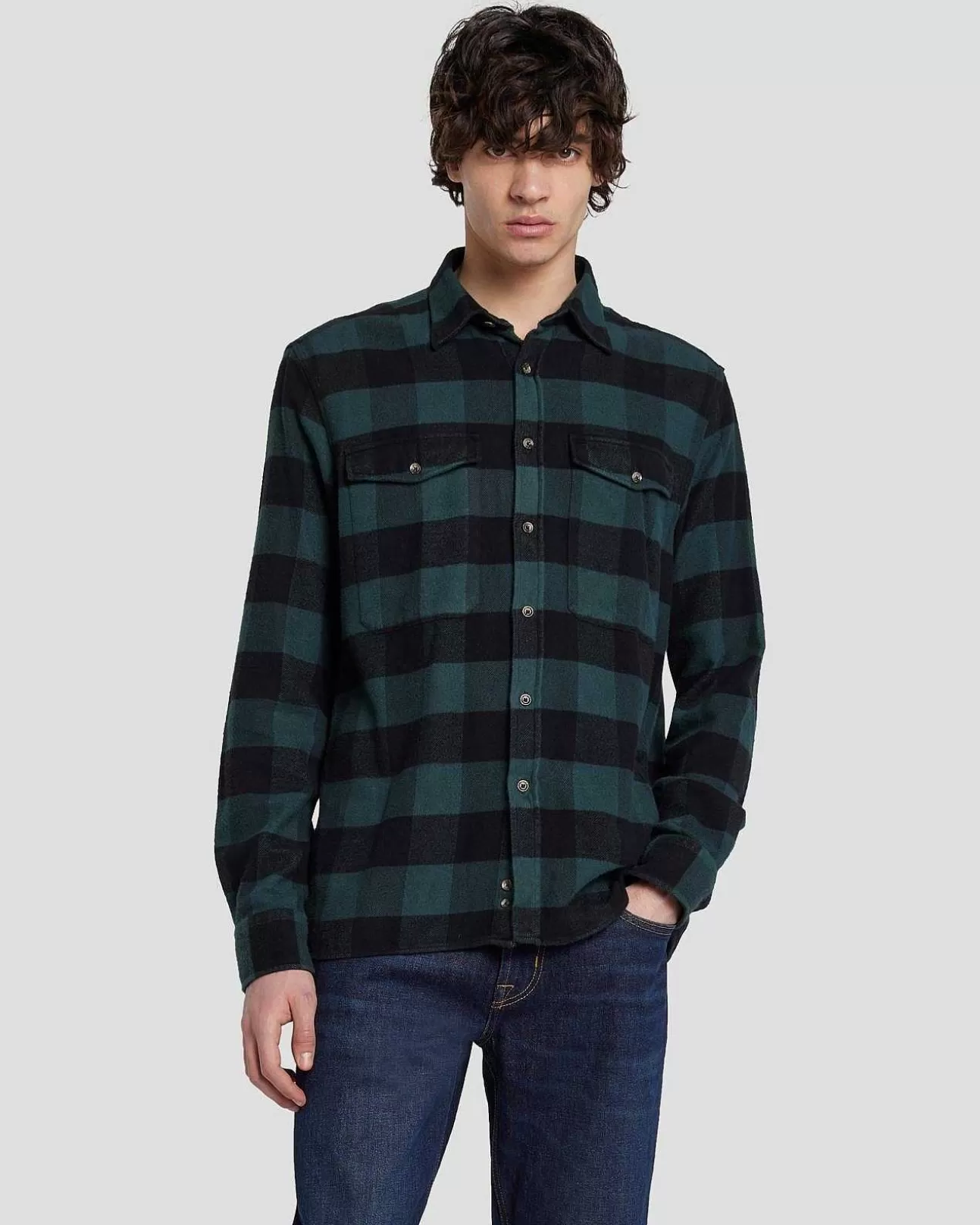 Overhemden*Heren 7 For All Mankind Flanellen Overshirt In Jagersgroen