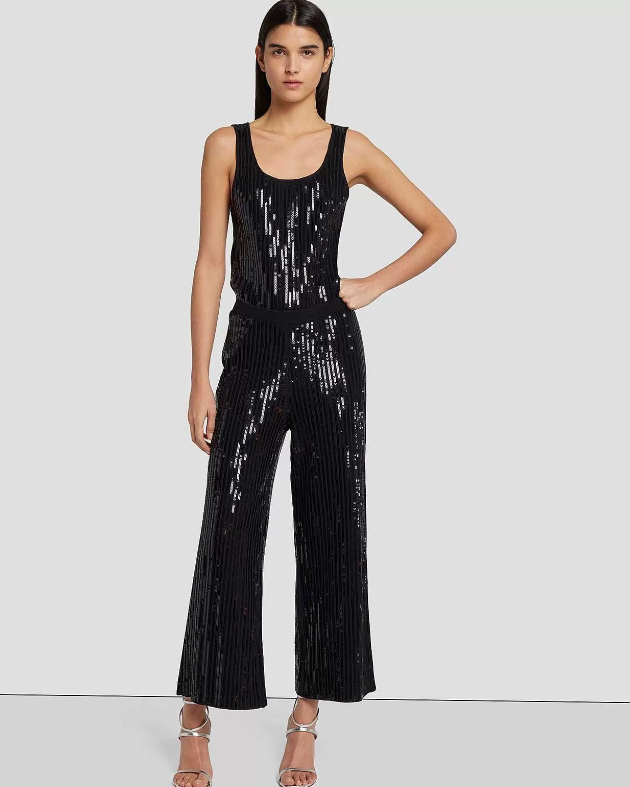 Jurken En Jumpsuits*Dames 7 For All Mankind Gebreide Jumpsuit Met Wijde Pijpen En Pailletten Zwart