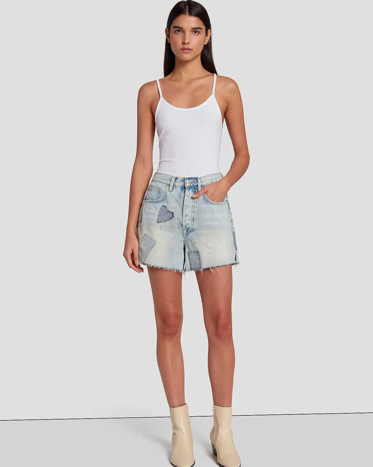 Jeans*Dames 7 For All Mankind Gemakkelijk Ruby Short In Iris-Patchwork Iers Patchwork