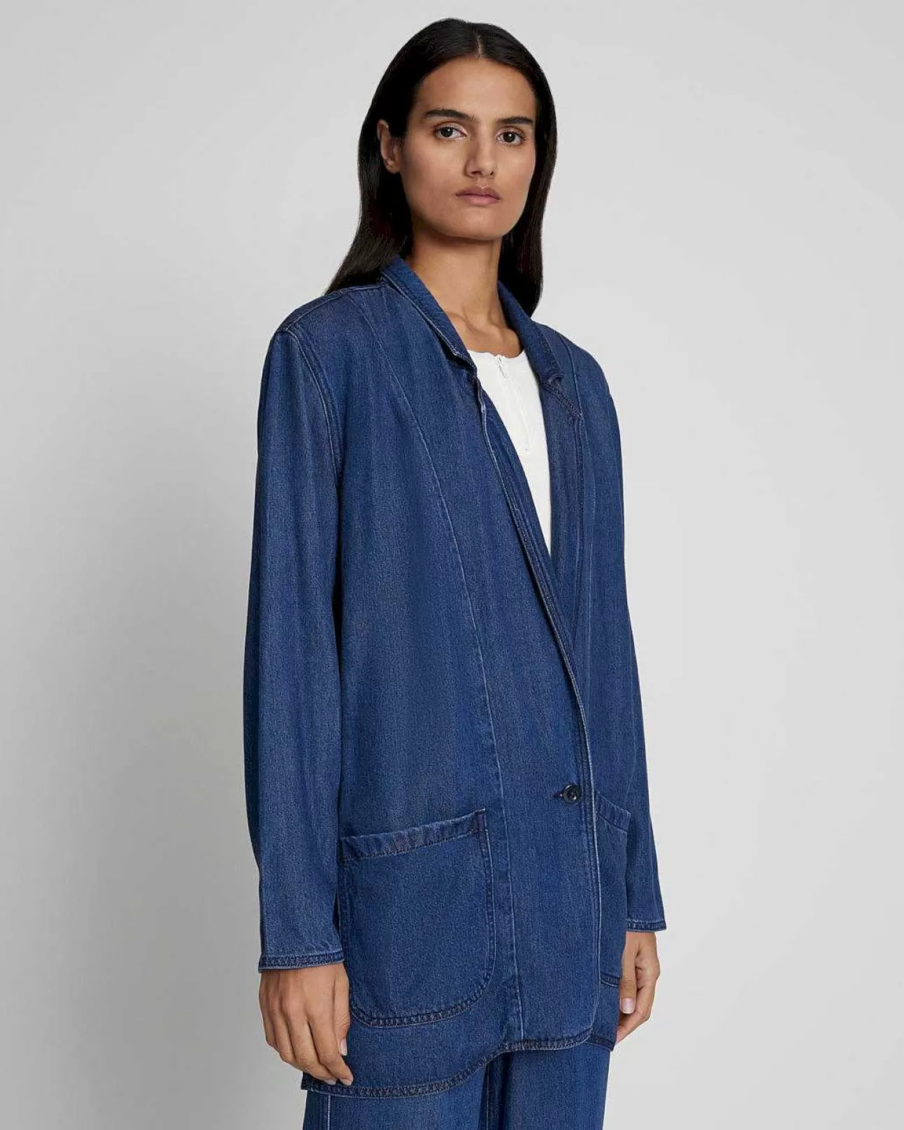 Jeans*Dames 7 For All Mankind Gemakkelijke Blazer Van Denimglans Donkerindigo