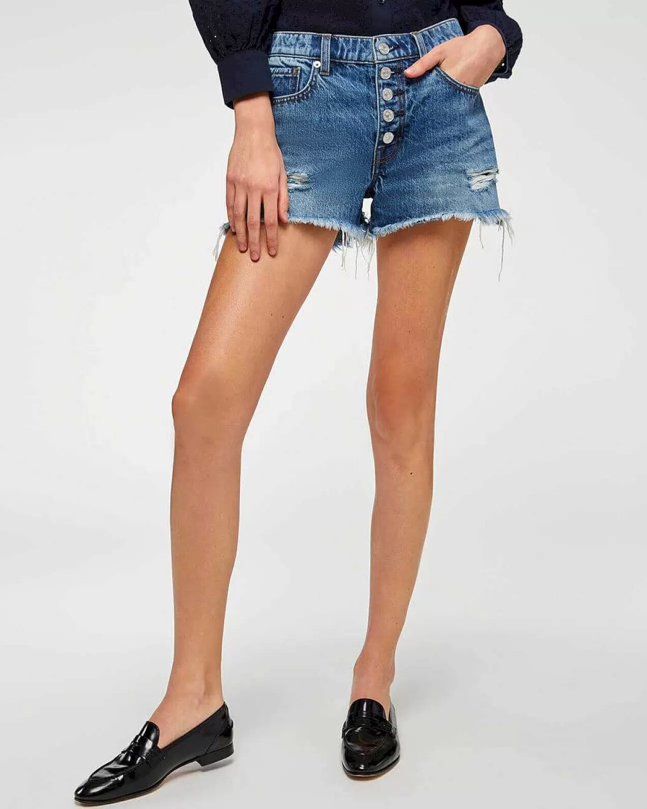 Jeans*Dames 7 For All Mankind Monroe Afgesneden Short Met Zichtbare Knopen In Vissenblauw Vissenbride