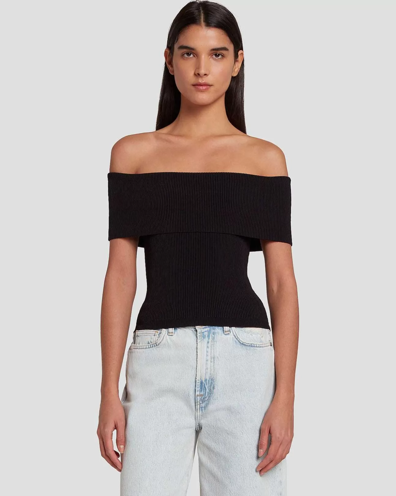 Bovenkanten*Dames 7 For All Mankind Off-Shoulder Geribde Top In Zwart