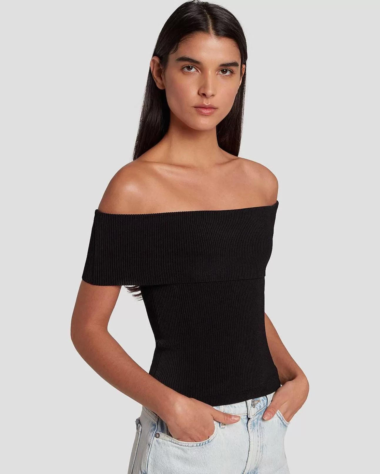 Bovenkanten*Dames 7 For All Mankind Off-Shoulder Geribde Top In Zwart