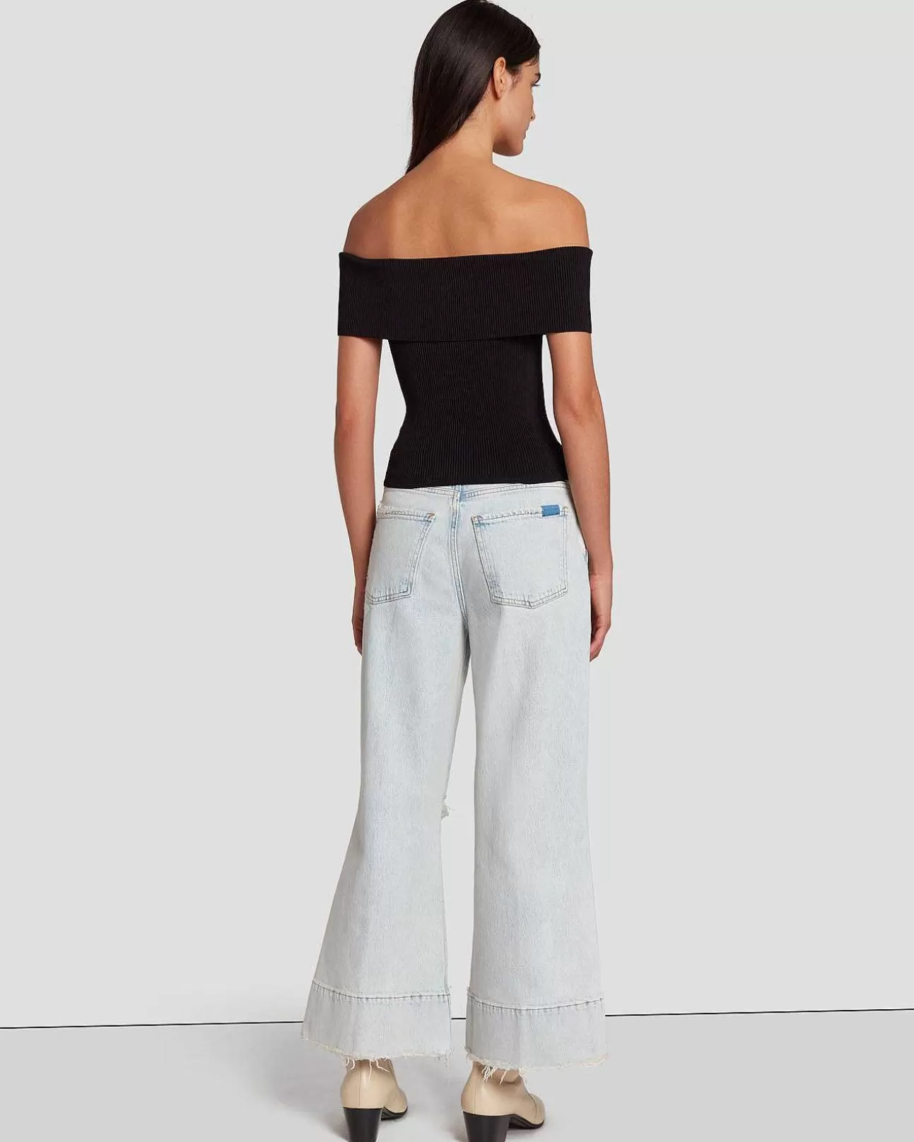 Bovenkanten*Dames 7 For All Mankind Off-Shoulder Geribde Top In Helder Wit