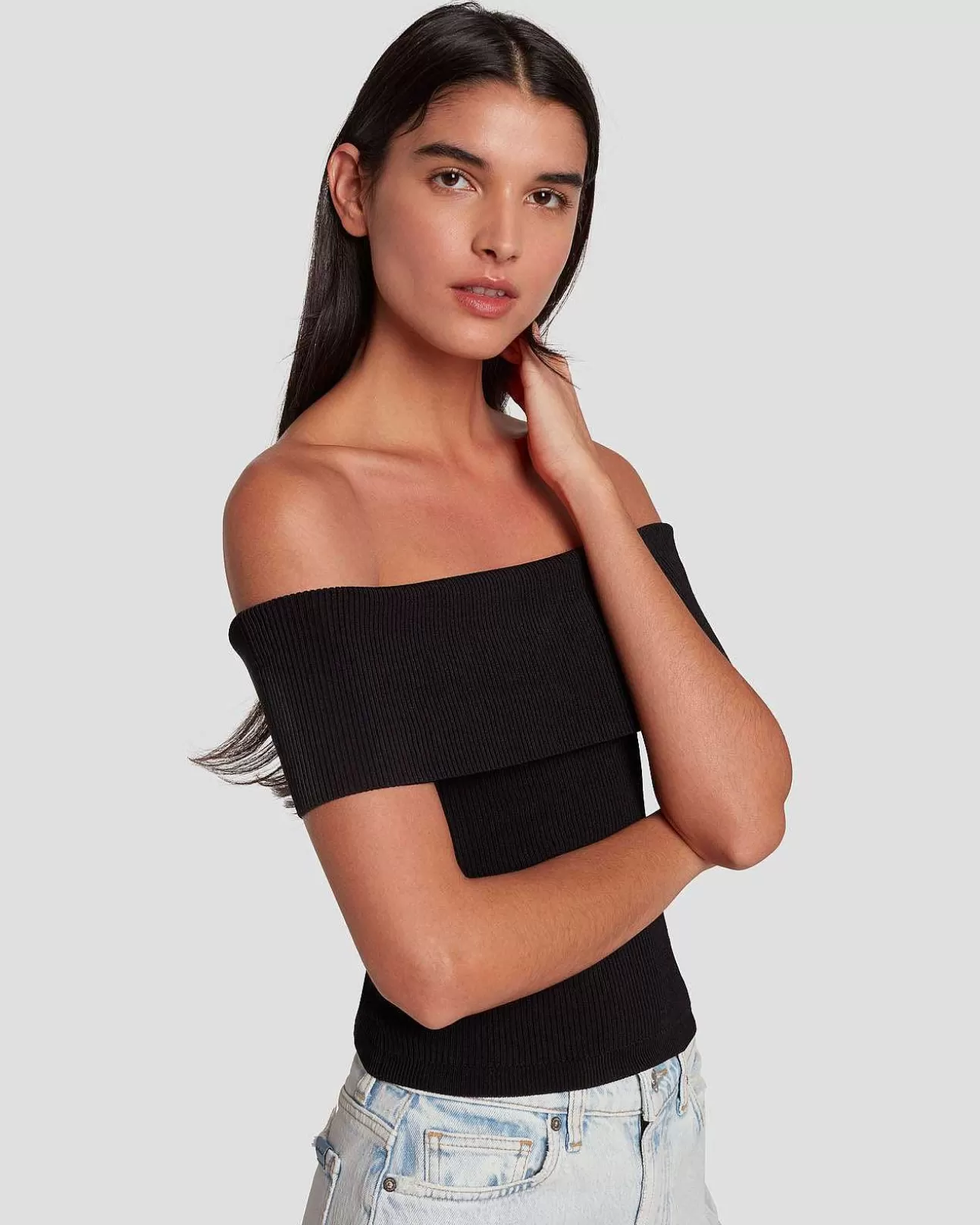 Bovenkanten*Dames 7 For All Mankind Off-Shoulder Geribde Top In Zwart