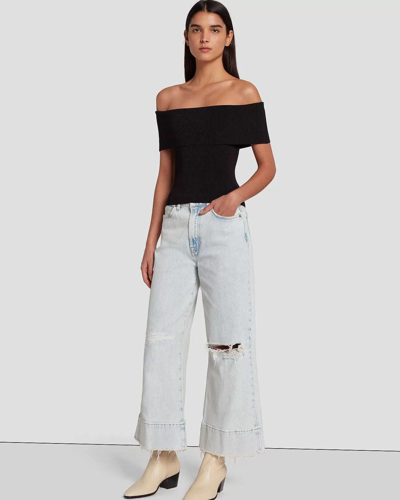 Bovenkanten*Dames 7 For All Mankind Off-Shoulder Geribde Top In Zwart