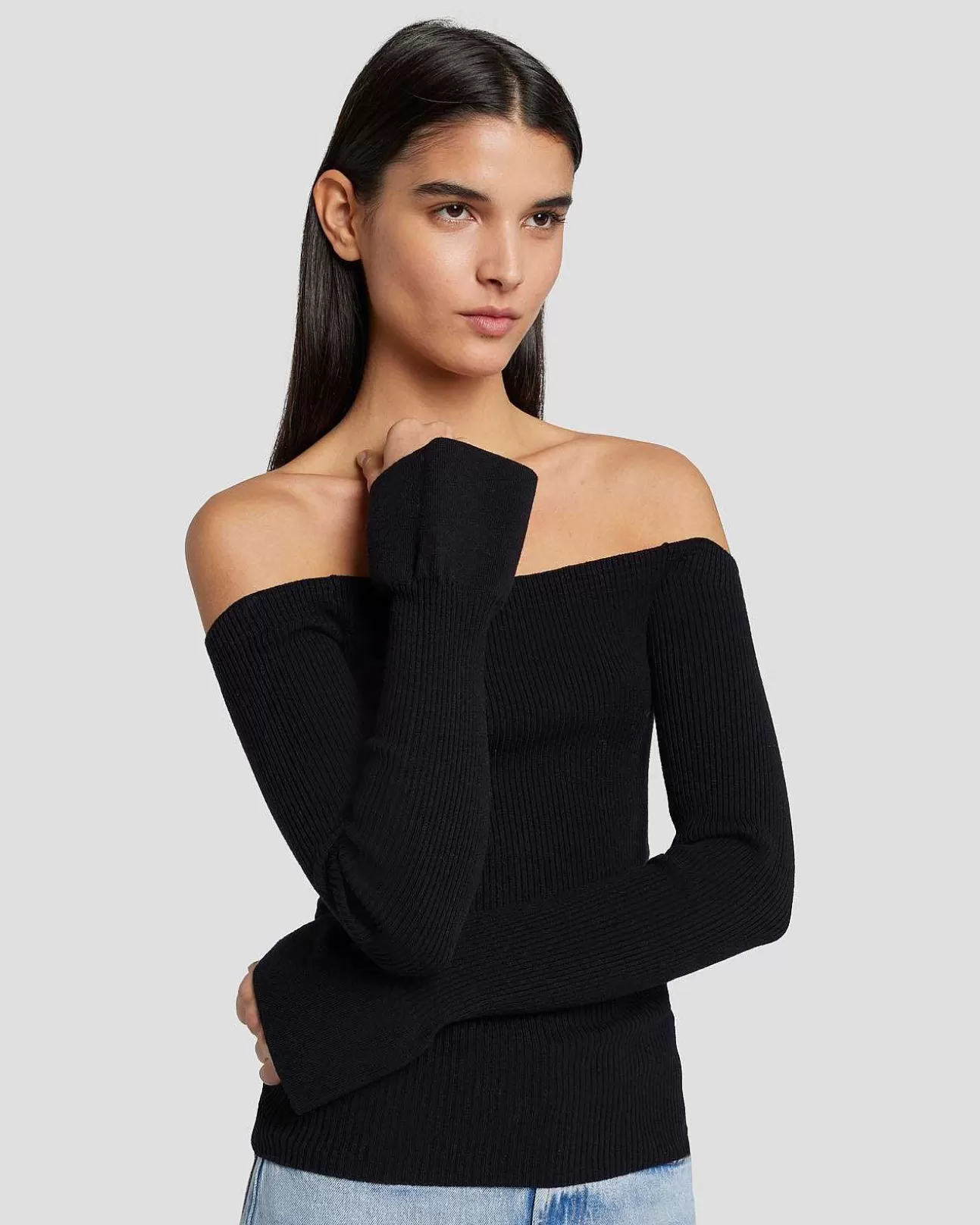 Truien*Dames 7 For All Mankind Off-Shoulder Trui In Zwart