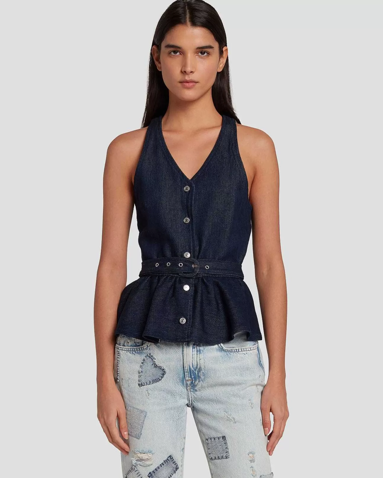 Jeans*Dames 7 For All Mankind Op Maat Gemaakt Vest Van Denimglans Donkere Spoeling