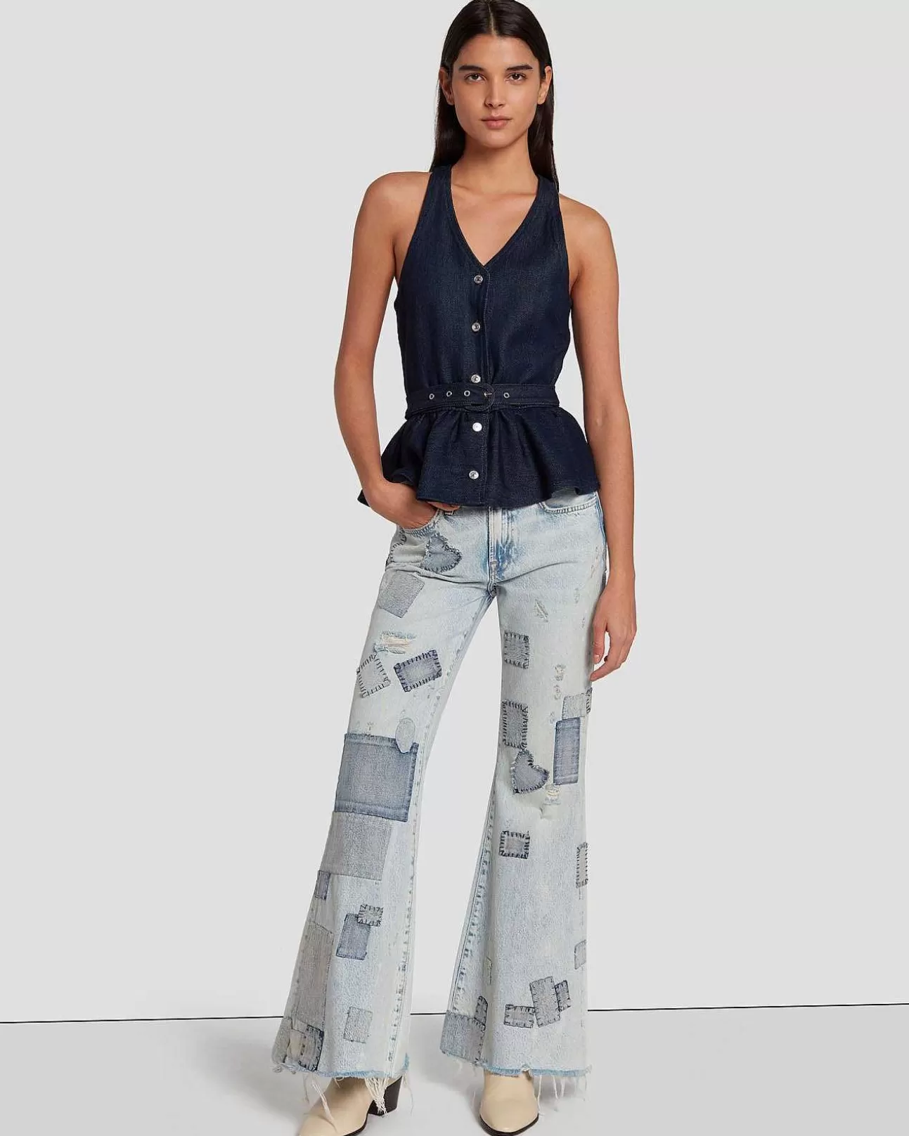 Jeans*Dames 7 For All Mankind Op Maat Gemaakt Vest Van Denimglans Donkere Spoeling