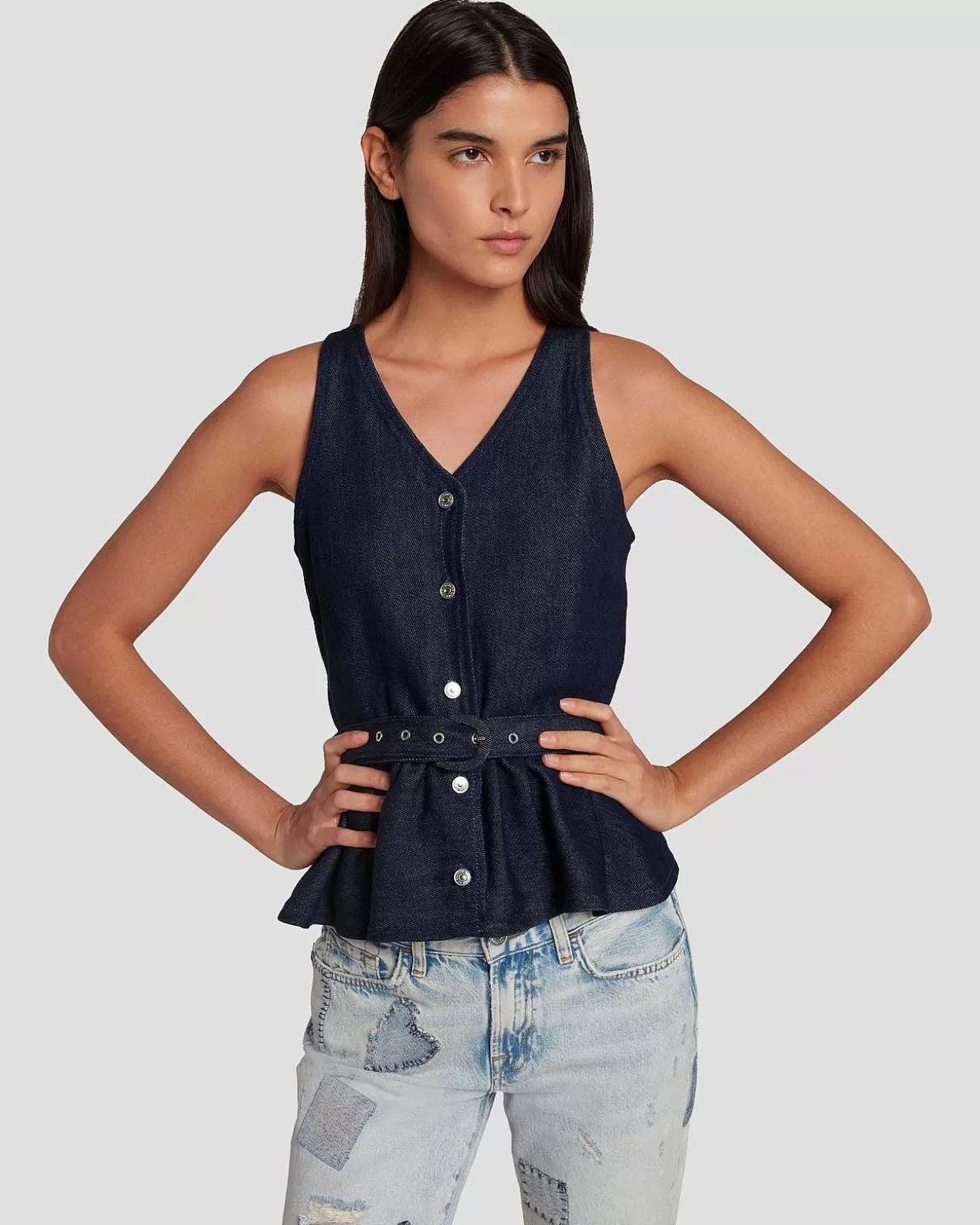 Jeans*Dames 7 For All Mankind Op Maat Gemaakt Vest Van Denimglans Donkere Spoeling