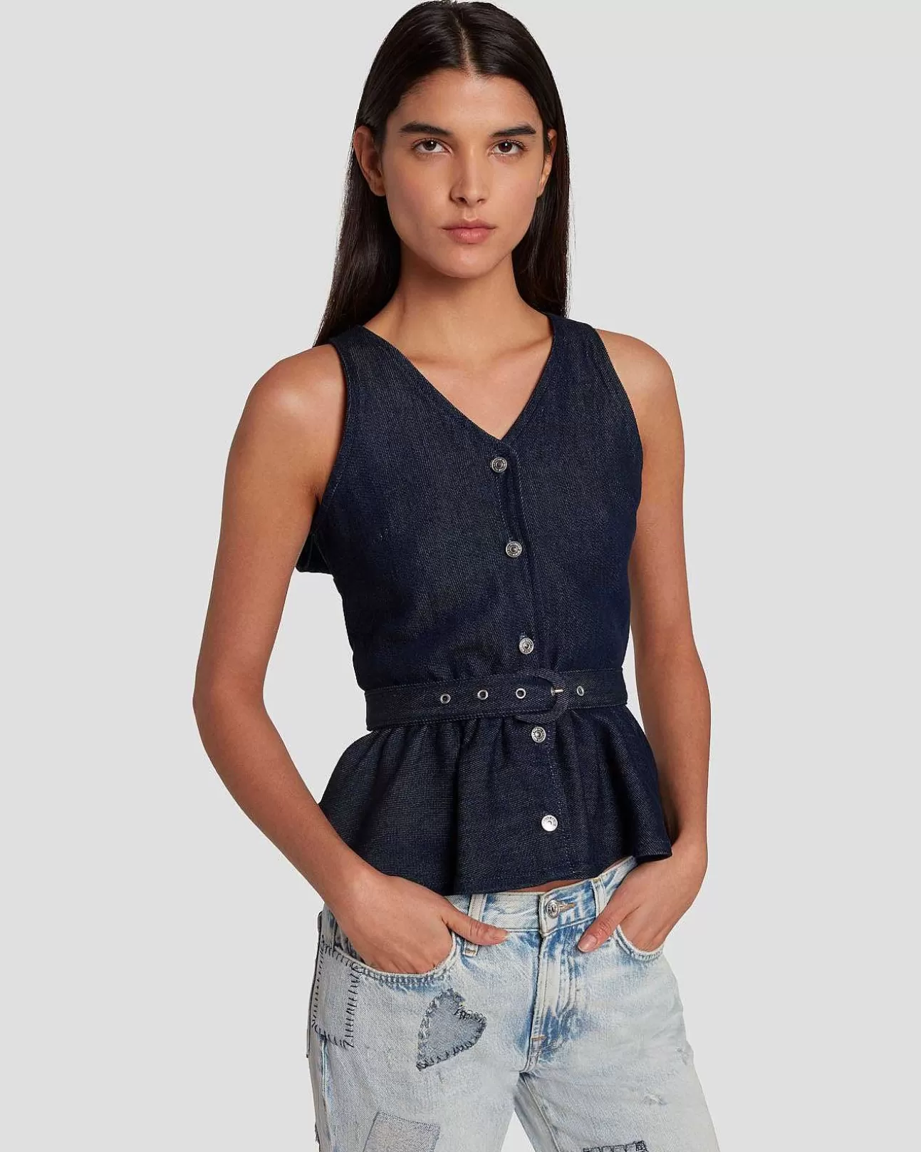 Jeans*Dames 7 For All Mankind Op Maat Gemaakt Vest Van Denimglans Donkere Spoeling