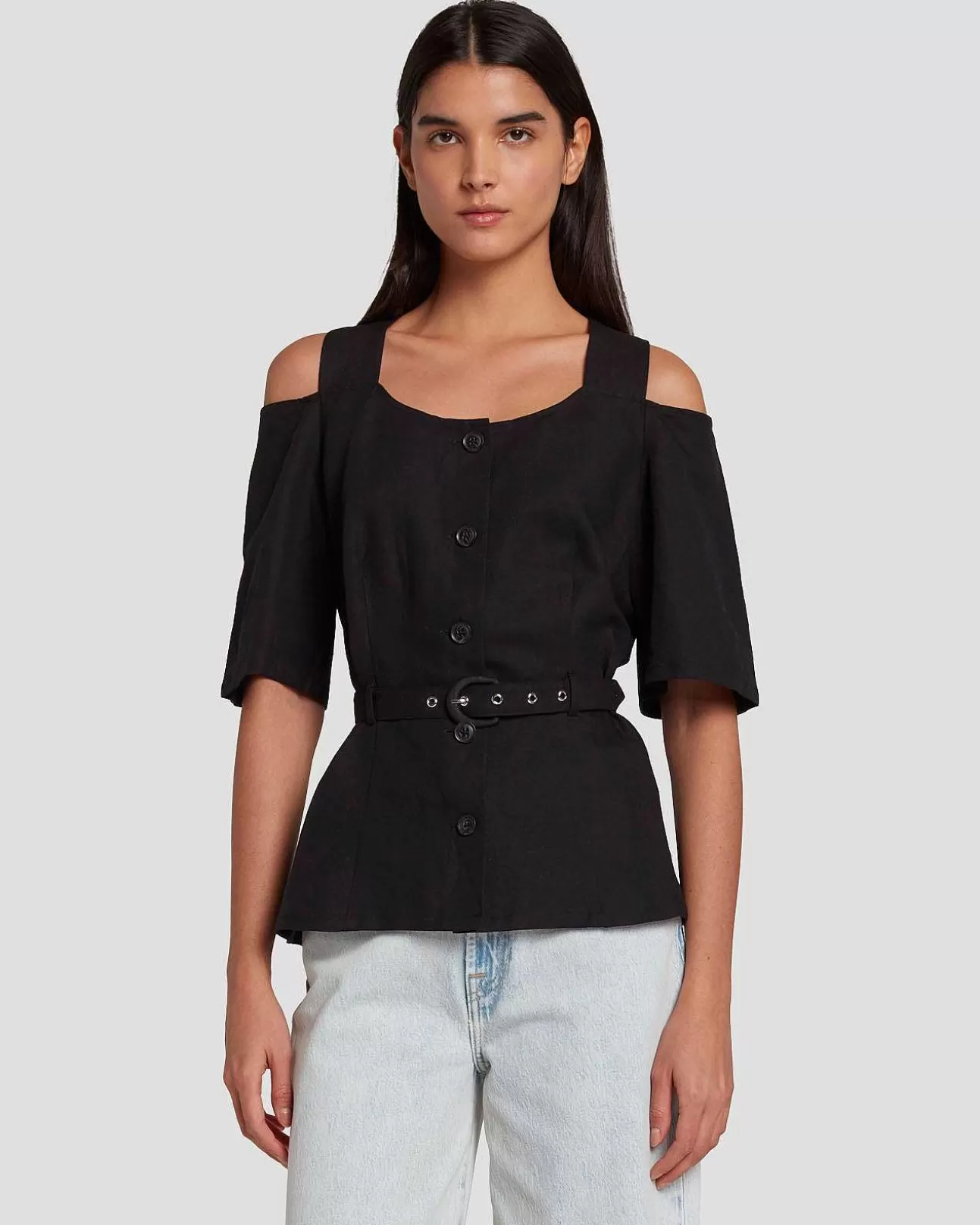 Bovenkanten*Dames 7 For All Mankind Op Maat Gemaakte Off-Shoulder Top Zwart