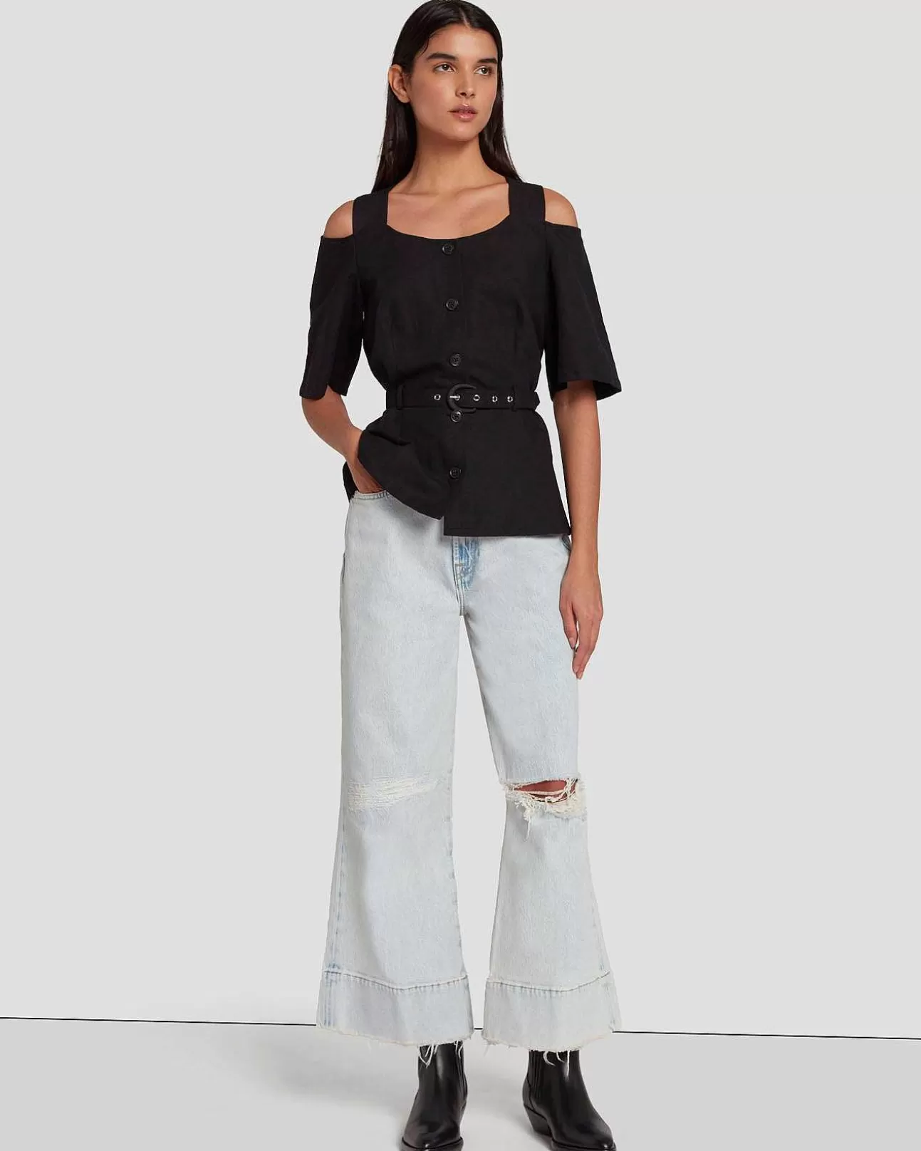 Bovenkanten*Dames 7 For All Mankind Op Maat Gemaakte Off-Shoulder Top Zwart