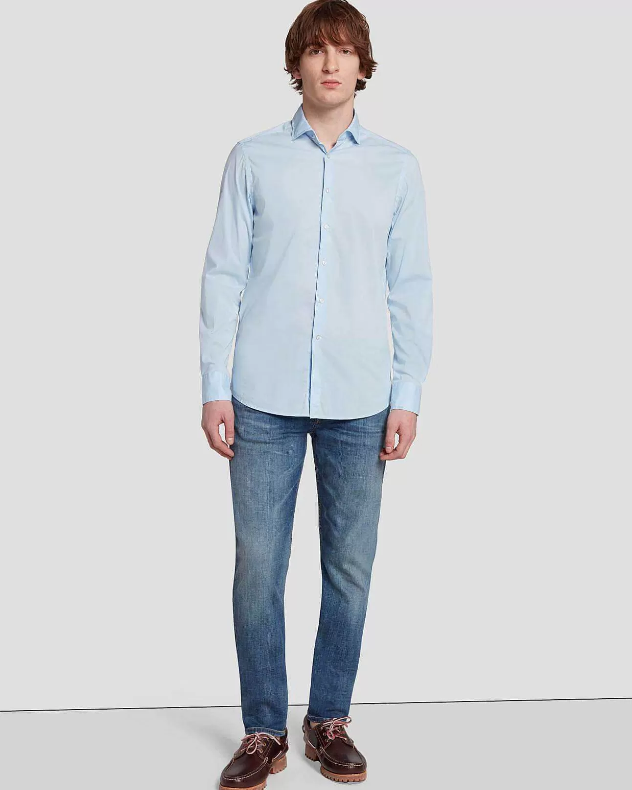 Overhemden*Heren 7 For All Mankind Poplin Overhemd Met Lange Mouwen Lichtblauw