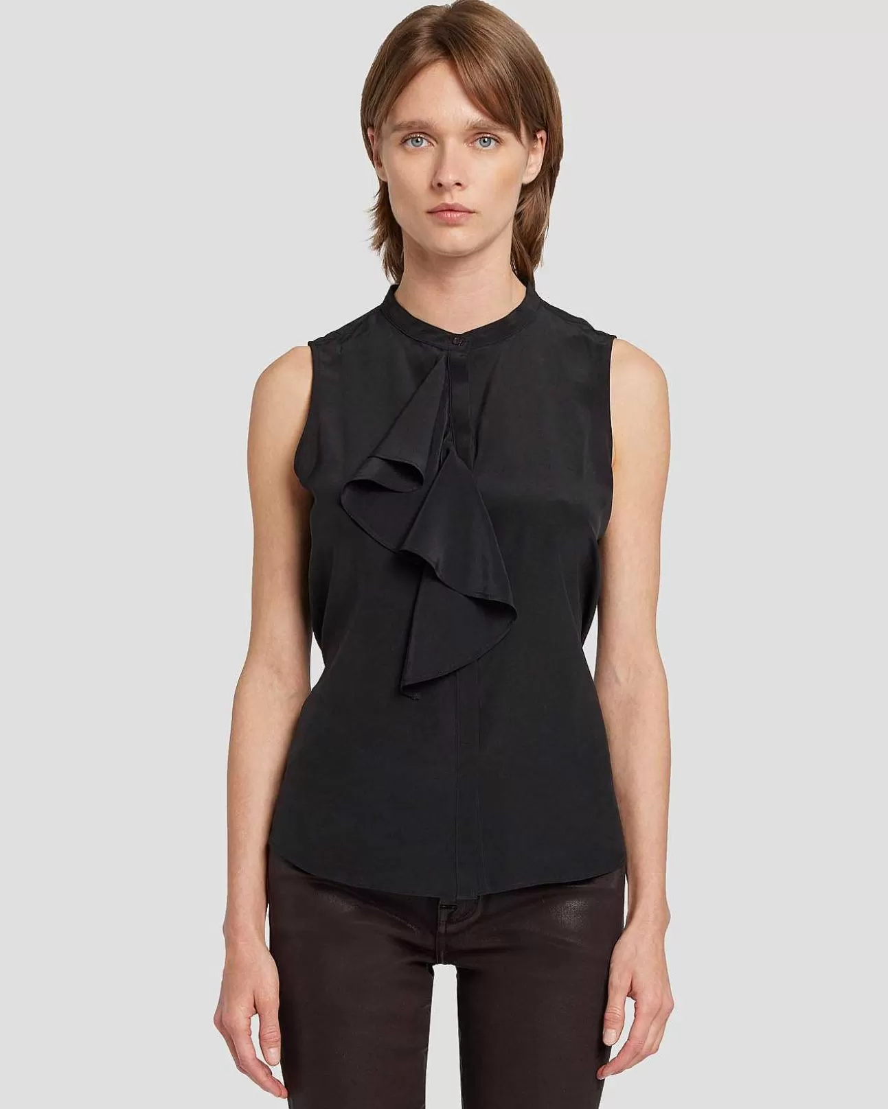 Bovenkanten*Dames 7 For All Mankind Zijden Mouwloze Blouse Met Ruches Zwart